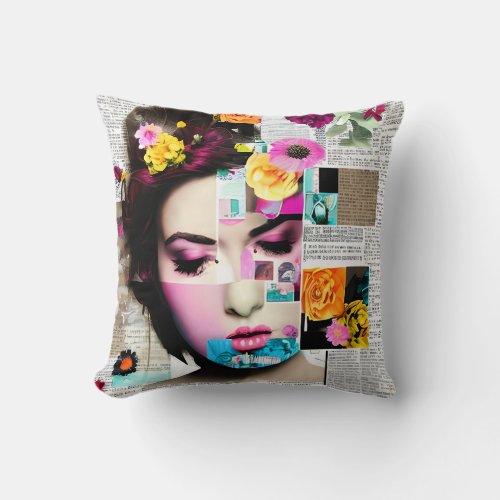 Vintage Lady Floral Paper Collage Art Throw Pillow