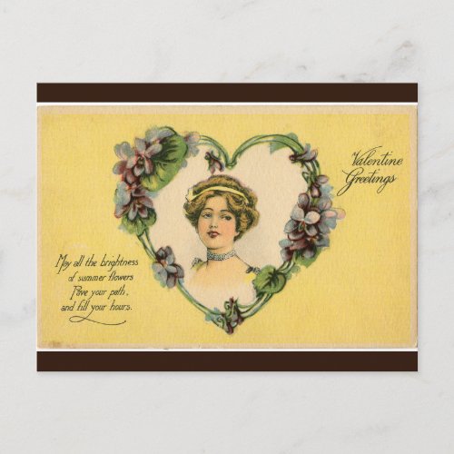 Vintage Lady Framed With Violets Heart Valentine Postcard