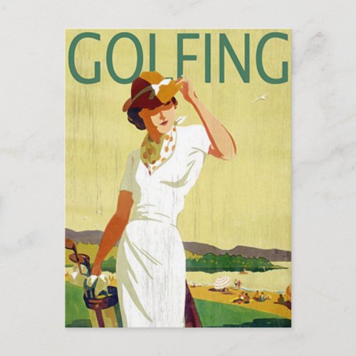 Vintage lady Golfer Golfing Postcard