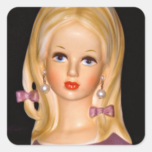 Vintage Lady Head Teen Girl Purple Bows 1960s Square Sticker
