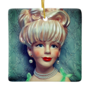 Vintage Lady Head Vase Big Bouffant Hair Pearls Ceramic Ornament