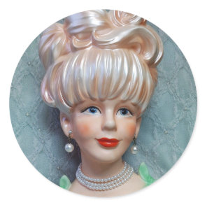 Vintage Lady Head Vase Big Bouffant Hair Pearls Classic Round Sticker