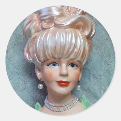 Vintage Lady Head Vase Big Bouffant Hair Pearls Classic Round Sticker