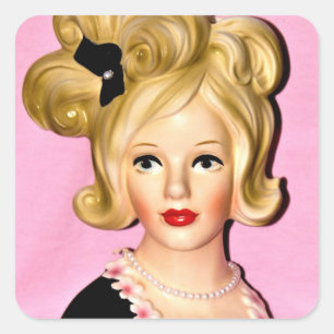 Vintage Lady Head Vase Big Wild Hair Square Sticker