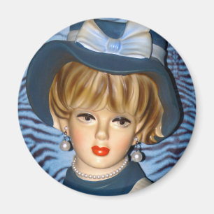 Vintage Lady Head Vase Blue Bucket Hat 1960s Magnet