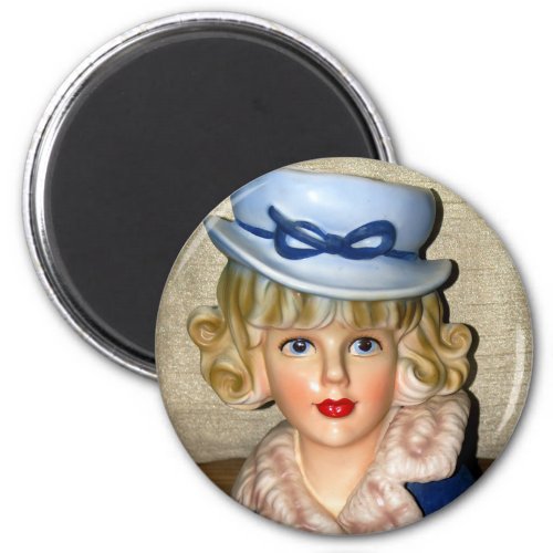 Vintage Lady Head Vase Blue Hat Fur Collar Magnet