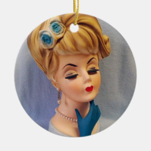 Vintage Lady Head Vase Blue Rose and Gloved Hand Ceramic Ornament