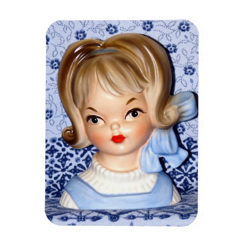 Vintage Lady Head Vase Little Girl Blue Bow  Magnet
