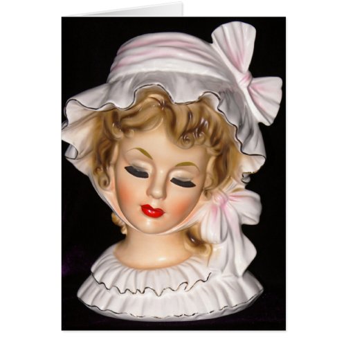 Vintage Lady Head Vase Pink Ruffled Bonnet Card