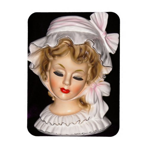 Vintage Lady Head Vase Pink Ruffled Bonnet Magnet