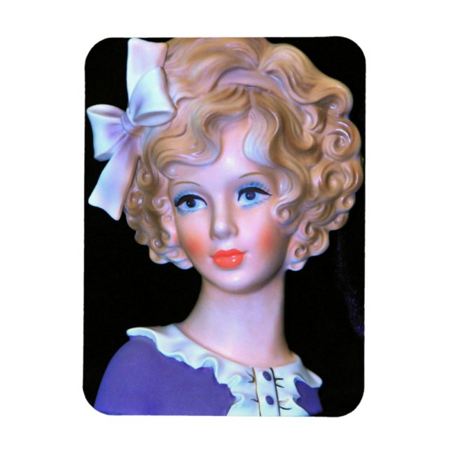 Vintage Lady Head Vase Pink Ruffled Bonnet Magnet (Vertical)