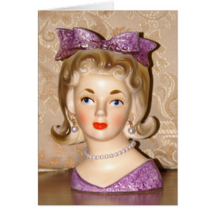Vintage Lady Head Vase Purple Bow 60s Card