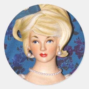Vintage Lady Head Vase Teen Big Hair Blue Bow Classic Round Sticker