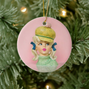 Vintage Lady Head Vase Teen Mod Hat Pigtails Ceramic Ornament