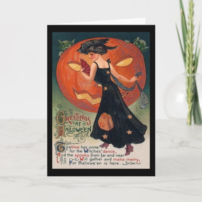 Vintage Lady in Black and Jack o' Lantern Card (Front)