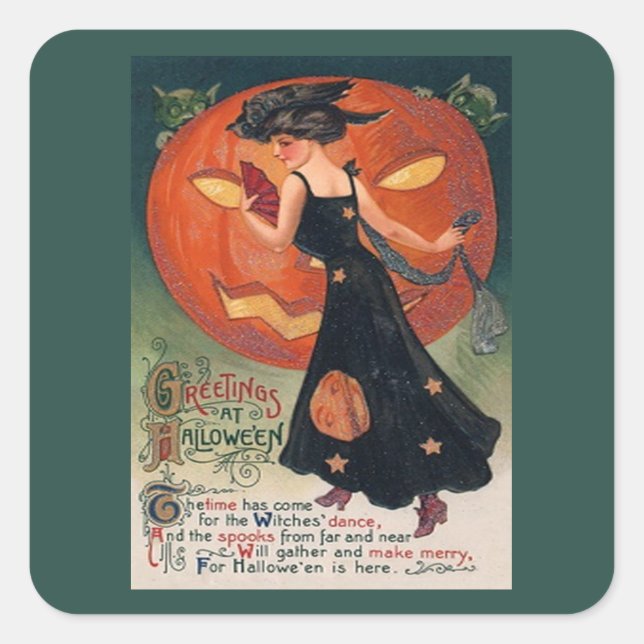 Vintage Lady in Black and Jack o' Lantern Square Sticker (Front)