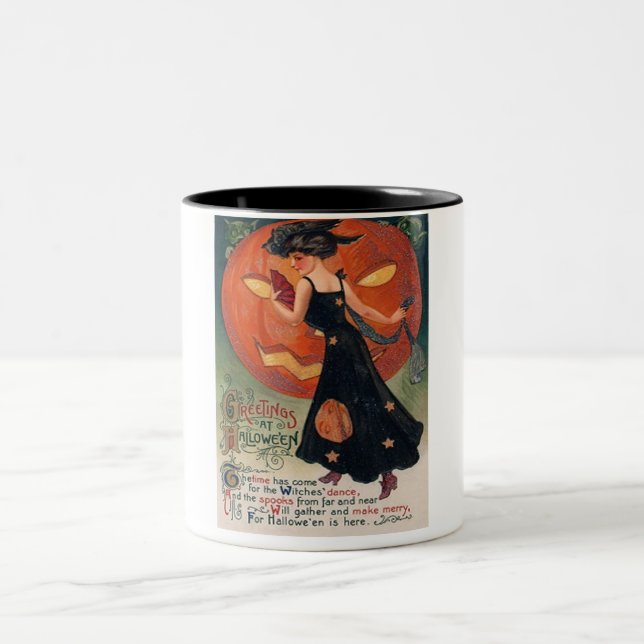 Vintage Lady in Black and Jack o' Lantern Two-Tone Coffee Mug (Center)