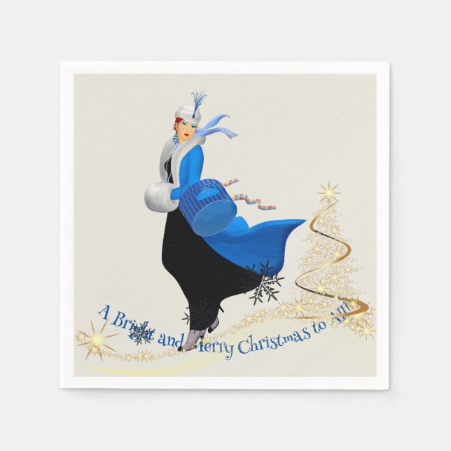 Vintage Lady in Blue Christmas Greeting Napkins (Front)
