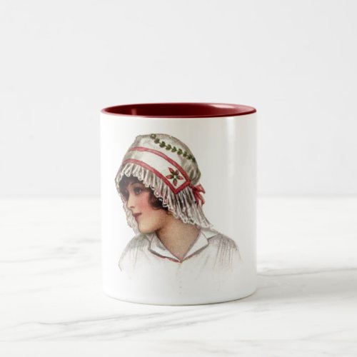 Vintage Lady in Embroidery and Lace Bonnet Two_Tone Coffee Mug