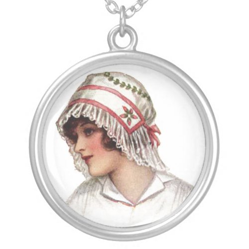 Vintage Lady in Embroidery  Lace Bonnet Necklace