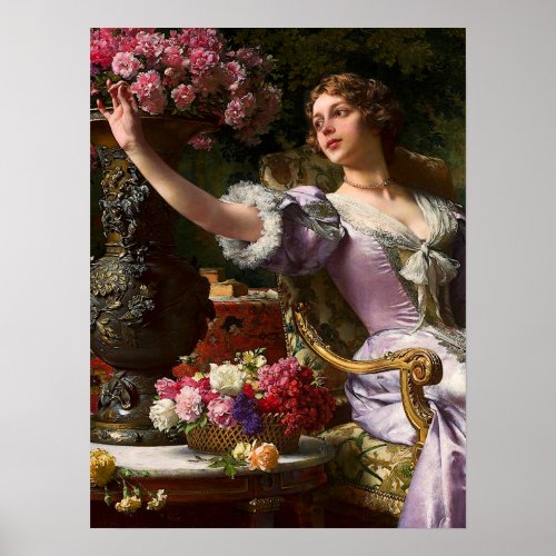 Vintage Lady In Pink Lilac Dress  Red Rose Canvas Poster