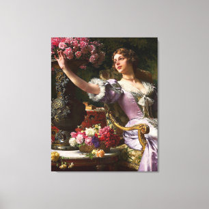 Vintage Lady In Pink Lilac Dress & Red Rose Canvas Print