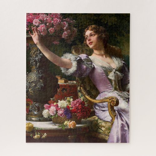 Vintage Lady In Pink Lilac Dress  Red Rose Jigsaw Puzzle