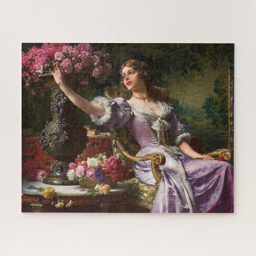 Vintage Lady In Pink Lilac Dress  Red Rose Jigsaw Puzzle