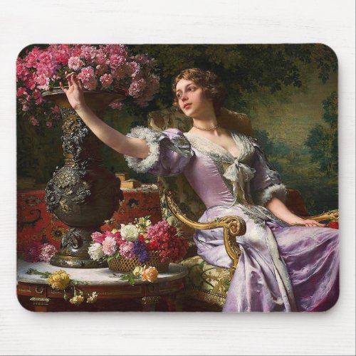 Vintage Lady In Pink Lilac Dress  Red Rose Mouse Pad