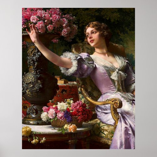 Vintage Lady In Pink Lilac Dress  Red Rose Poster