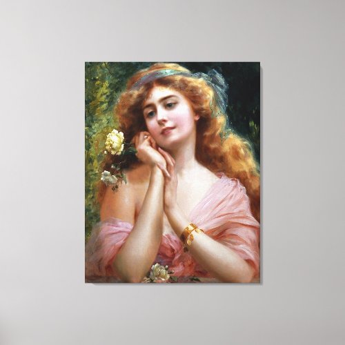 Vintage Lady In Pink With Yellow Rose Canvas Print