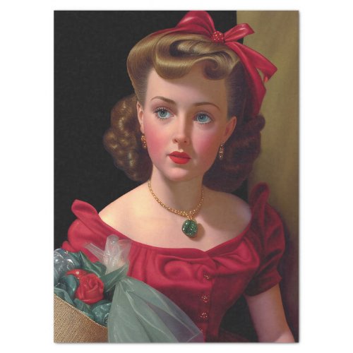 Vintage Lady In Red Dress Rose Retro Decoupage Tissue Paper