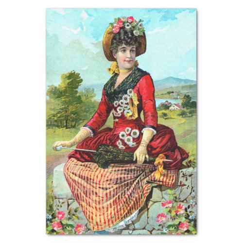 Vintage Lady In Red Parasol Red Flowers Decoupage Tissue Paper