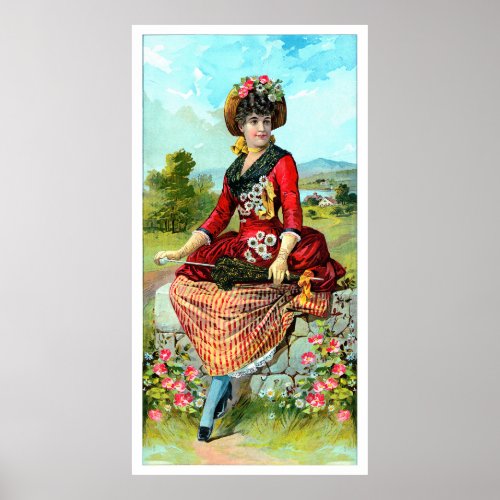 Vintage Lady In Red Parasol Red Flowers Poster
