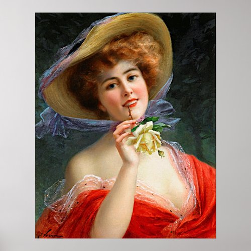 Vintage Lady In Red With Yellow Rose Poster