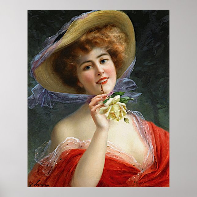 Vintage Lady In Red With Yellow Rose Poster (Front)