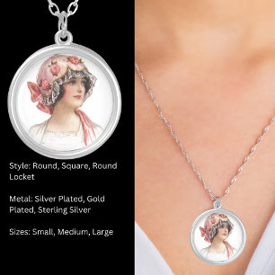 Vintage Lady in Silk Flowered Bonnet Round Silver Plated Necklace