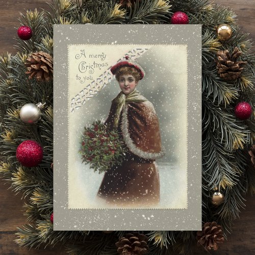 Vintage Lady in Snow with Christmas Greeting Holiday Card