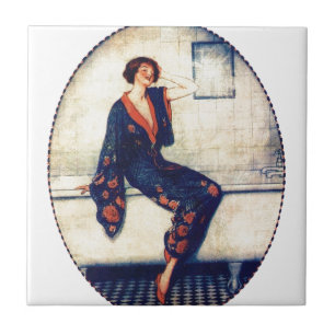 Vintage lady in the bathroom ceramic tile