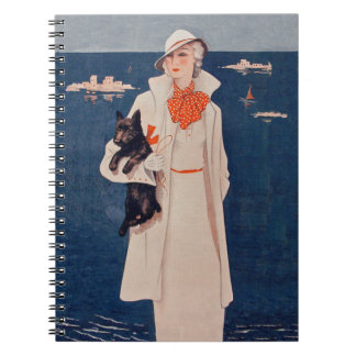 Vintage Lady In White Scotty Terrier Dog Ocean Notebook