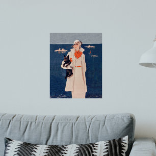 Vintage Lady In White Scotty Terrier Dog Ocean Poster