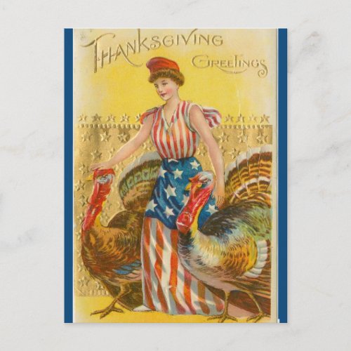 Vintage Lady Liberty and Two Turkeys Thanksgiving Postcard