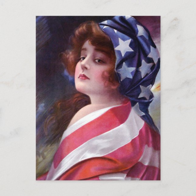 Vintage Lady Liberty Wrapped in American Flag Postcard (Front)