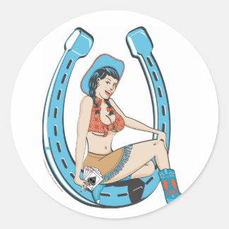 Vintage lady luck cowgirl classic round sticker