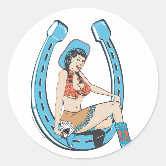 Vintage lady luck cowgirl classic round sticker (Front)