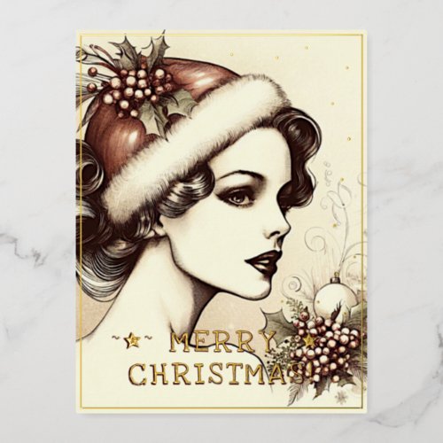 Vintage Lady Merry Christmas Greetings Retro Pic Foil Holiday Postcard