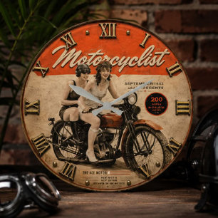 Vintage Lady Motorcyclist Retro Women Riders Motor Large Clock