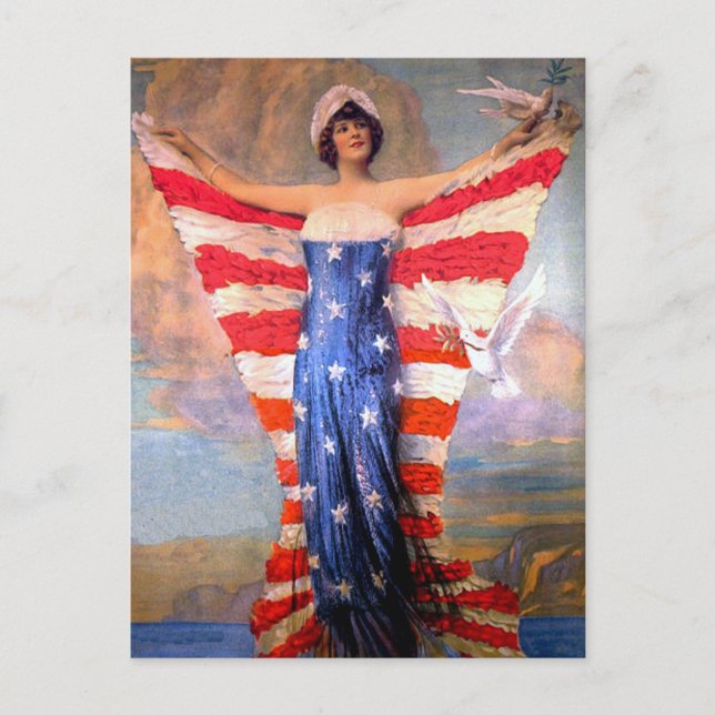 Vintage Lady of Liberty Patriotic American Flag Postcard (Front)