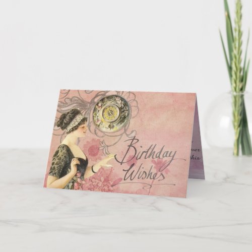 Vintage Lady on Pink Background Birthday Wishes Card