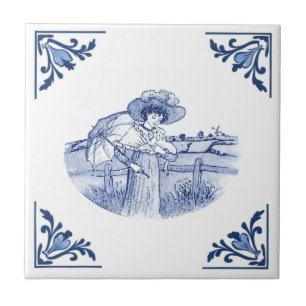 Vintage Lady & Pet Dog Delft Corner Blue and White Ceramic Tile